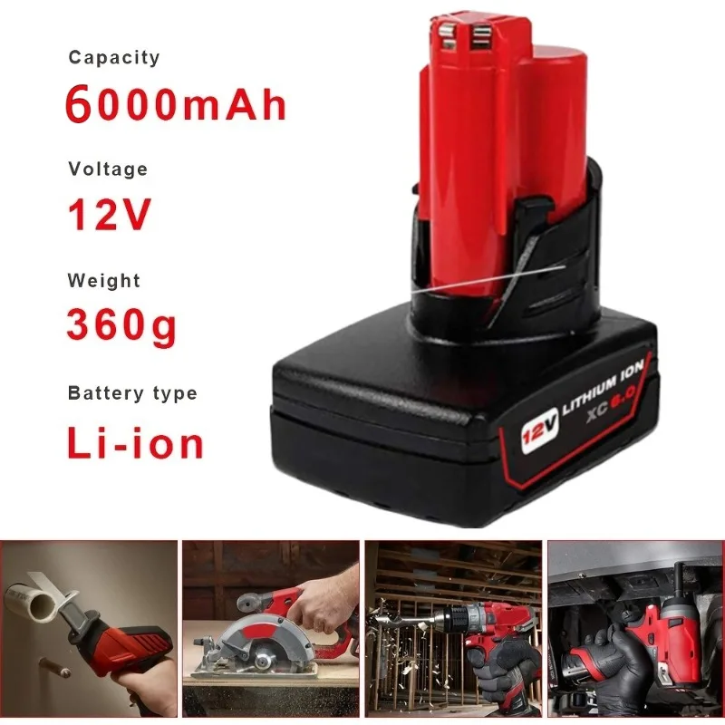 

1/2 Pack 6.0Ah M-12 Lithium-ion Replacement Battery Compatible Compatible with Power Tools and Milw-aukee Original Charger