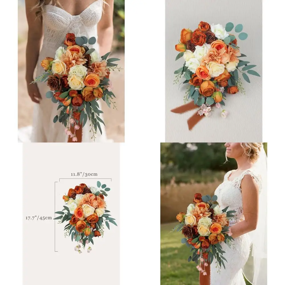 

Fall Cascading Burnt Orange Bouquet for Brides, Artificial Teardrop Wedding Flowers