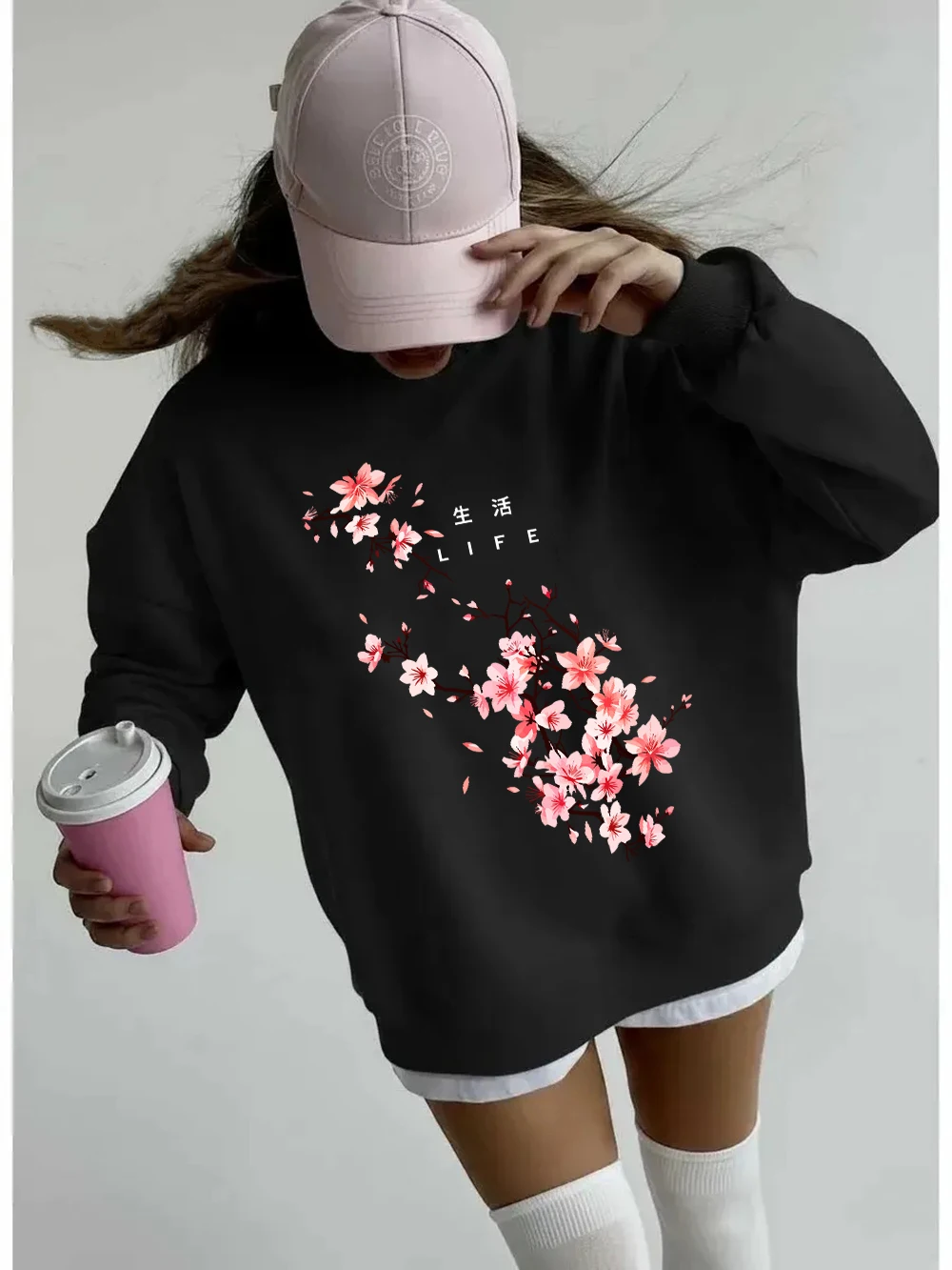 Cherry Blossoms Life Prints Sweatshirts Womens Winter Fleece Warm Hoodies Crewneck Loose Pullover Basics Sporty Womans Clothes