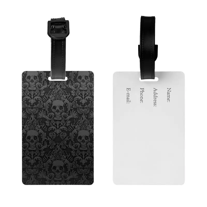 Goth Gothic Black Skull Damask Pattern Luggage Tags for Suitcase Portable Baggage Tag with Name Card Privacy Cover ID Label