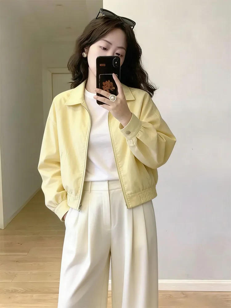Yellow Korean Style Zipper Collar Jacket Women's Early Spring High End Elegant Beautiful Outerwear Short Coat for Ladies
