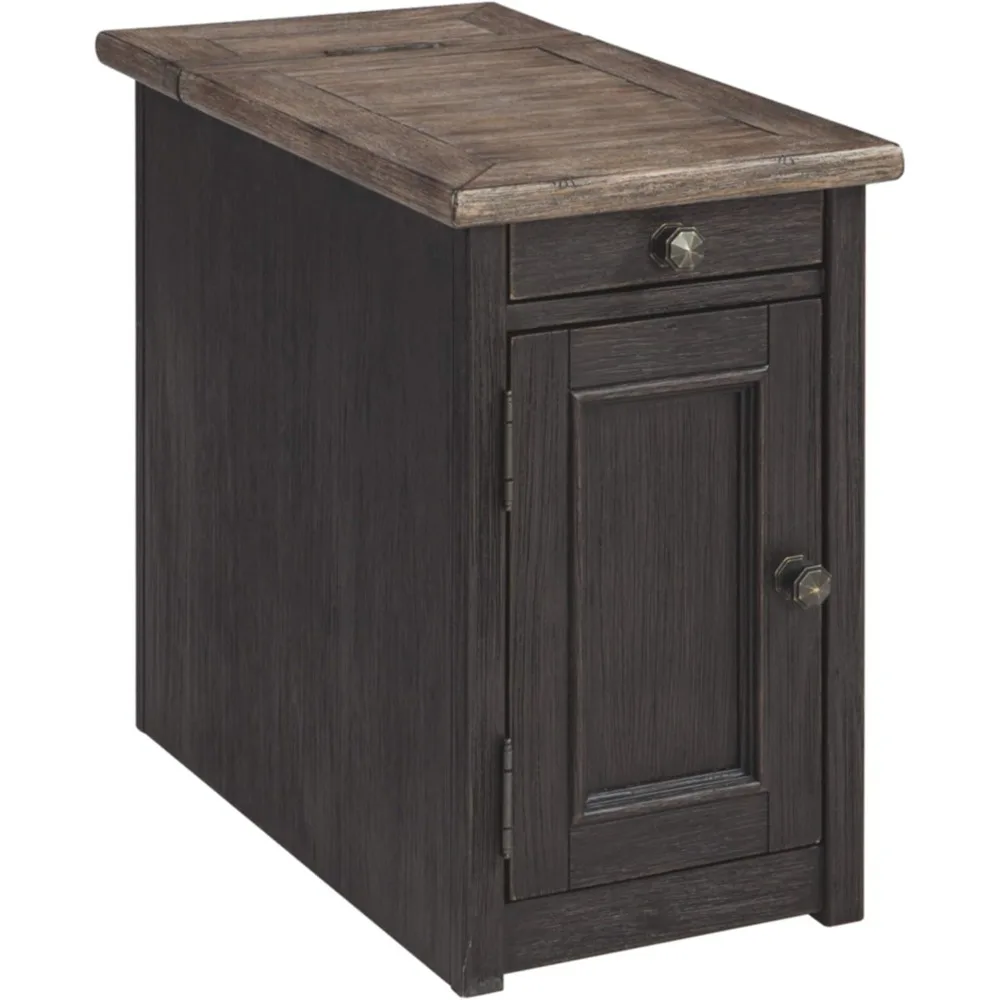 Ashley Tyler Creek Rustic Chair Side End Table with Pull-Out Tray & USB Ports, Brown