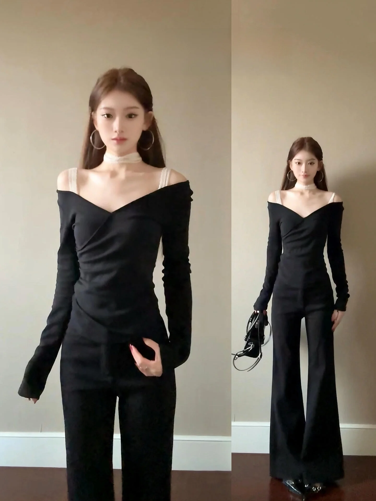 

Женская приталенная футболка с длинным рукавом и V-образным вырезом, плиссированная, базовая, для весеннего сезона, простая, повседневная, из смесового хлопка и полиэстера