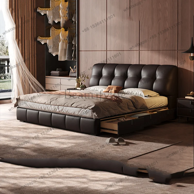 FG Floor Leather Bed Space Saving Storage Wooden Frame Modern Bed Headboards Double Design European Muebles Lounge Suite Furnitu