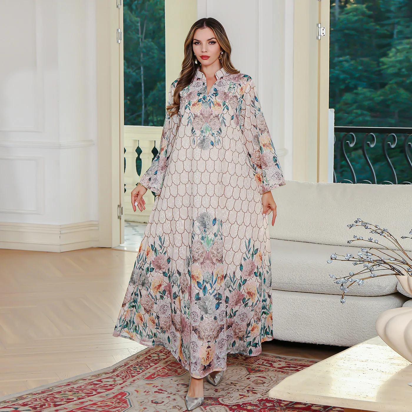

Slim V-neck Summer Dress for Women Loose Muslim Printed Long Dress Casual Sleeveless Ruffles Dress Dubai Abayas Elegante Femme