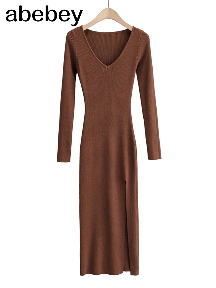 2026 신상 베이직 여성용 탄성 솔리드 엘레강스 V넥 스웨터 드레스 긴팔 여성용 사이드 오픈 미디 롱 드레스