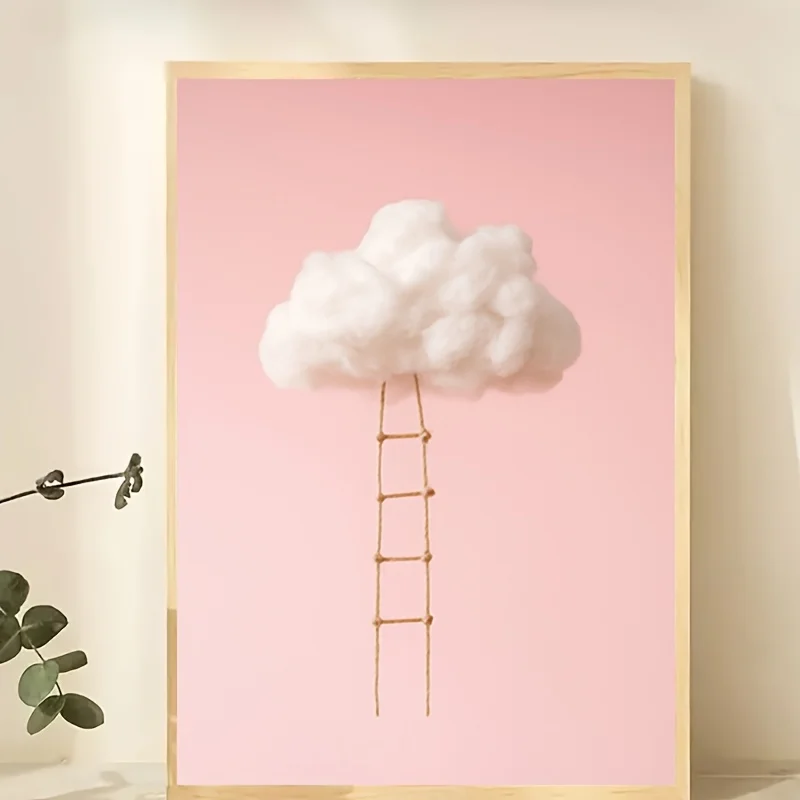 2D Flat, 1pc Modern Minimalist Frameless Canvas Painting - Abstract Cloud & Ladder Wall Art with Soft Pink Background, Suitab