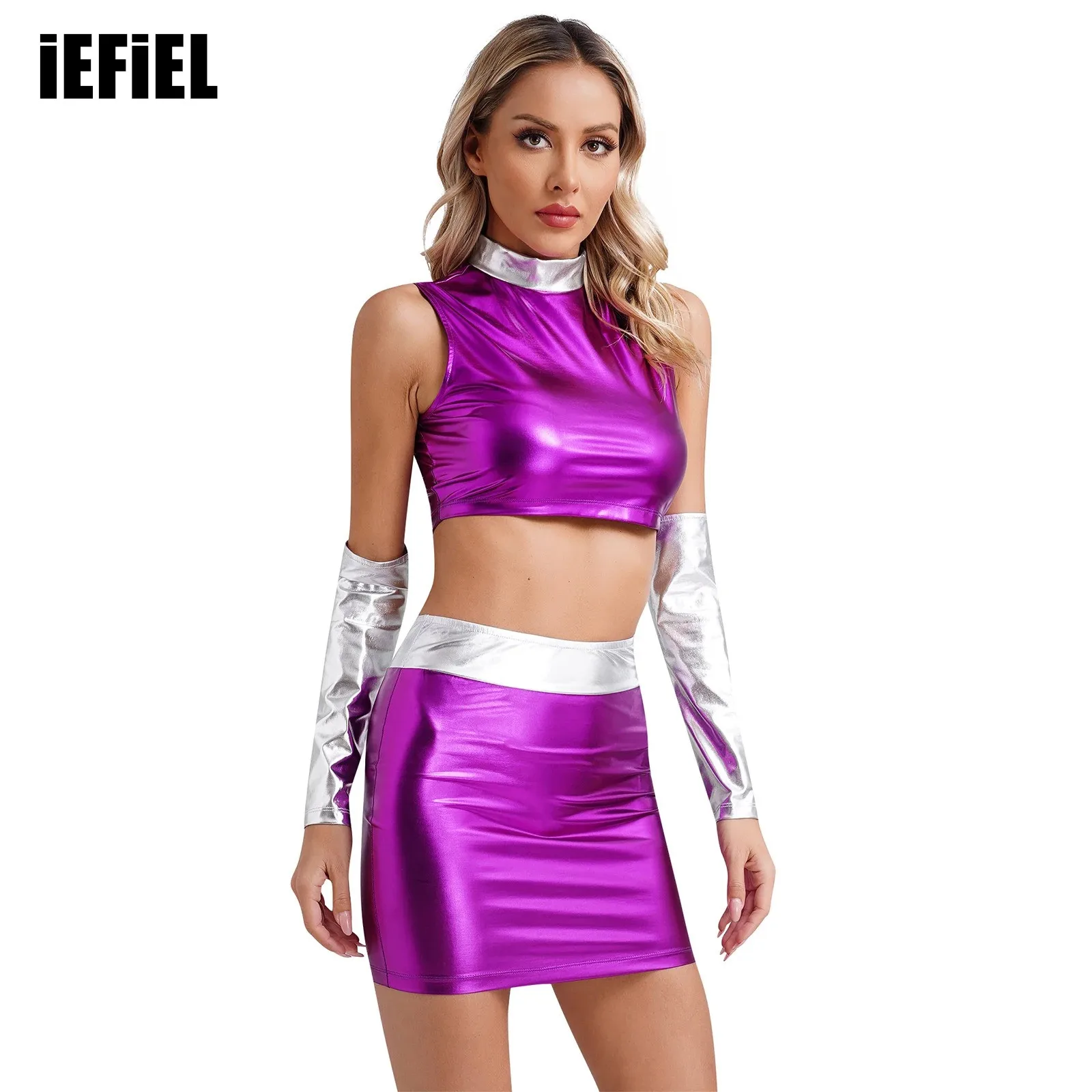 

Womens Spaceman Alien Robot Outfit Halloween Cosplay Costumes Sleeveless Crop Top Sleeves Bodycon Skirt Metallic Shiny Contrast