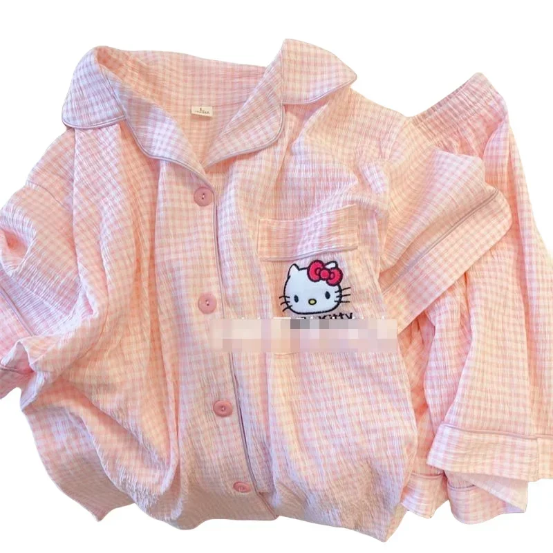 Hello Kitty plaid kawaii pajamas for women summer new creative cartoon short-sleeved student home clothes set holiday gift