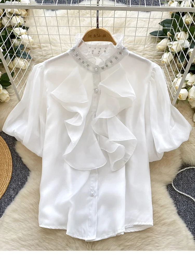 

Summer Women's Short Sleeved Shirt Elegant Fashionable Lantern Sleeve Three-dimensional Flower Single Breasted Blouse Top W55