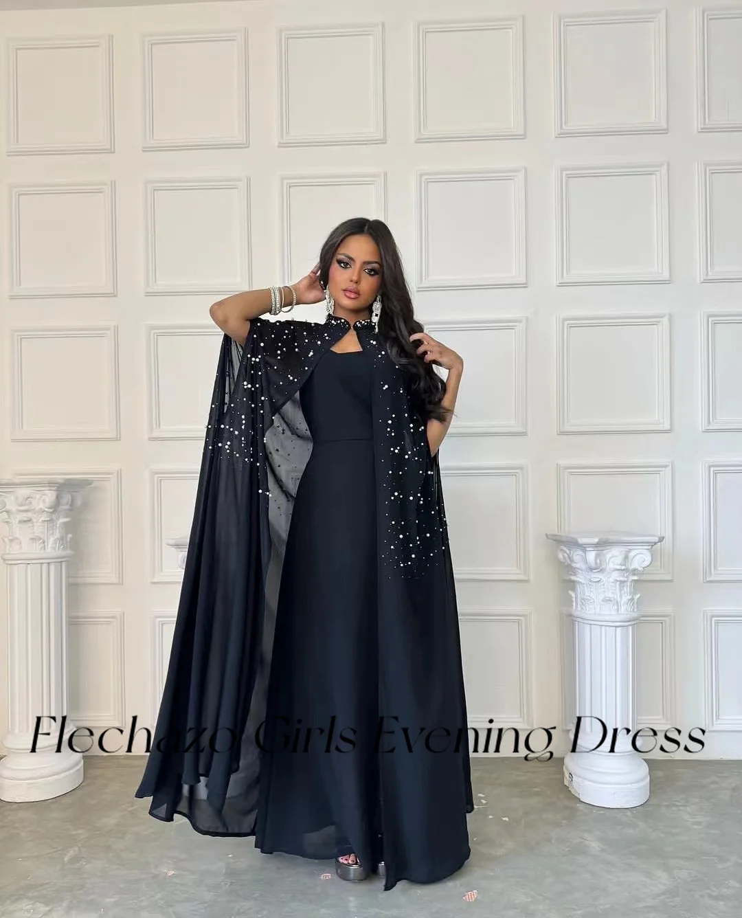 Flechazo abiti da ballo in Chiffon nero 2 pezzi lunghezza del pavimento perline lucide abito da cerimonia per le donne 2024 vestidos de fiesta