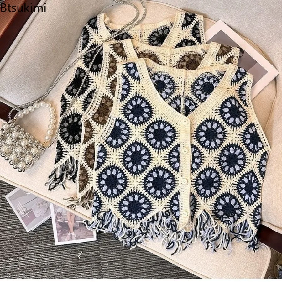 Women Bohemian Crochet Vest Sleeveless Open Front Geometric Pattern Fringe Waistcoat Hollow Out Summer Beach Vacation Outerwear
