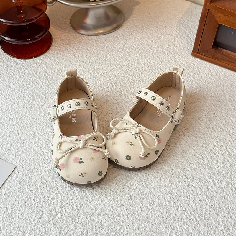 

Spring Autumn Children Fashion Leather Shoes 2025 Sweet Printed Girls' Causal Princess Shoes Bowknot Kids Performance Flat Shoes