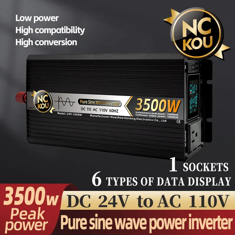 Nckou อินเวอร์เตอร์3500W แบบ PURE sine WAVE เต้ารับเดียวจอแสดงผลดิจิตอลคู่ DC 24V เป็น AC 110V