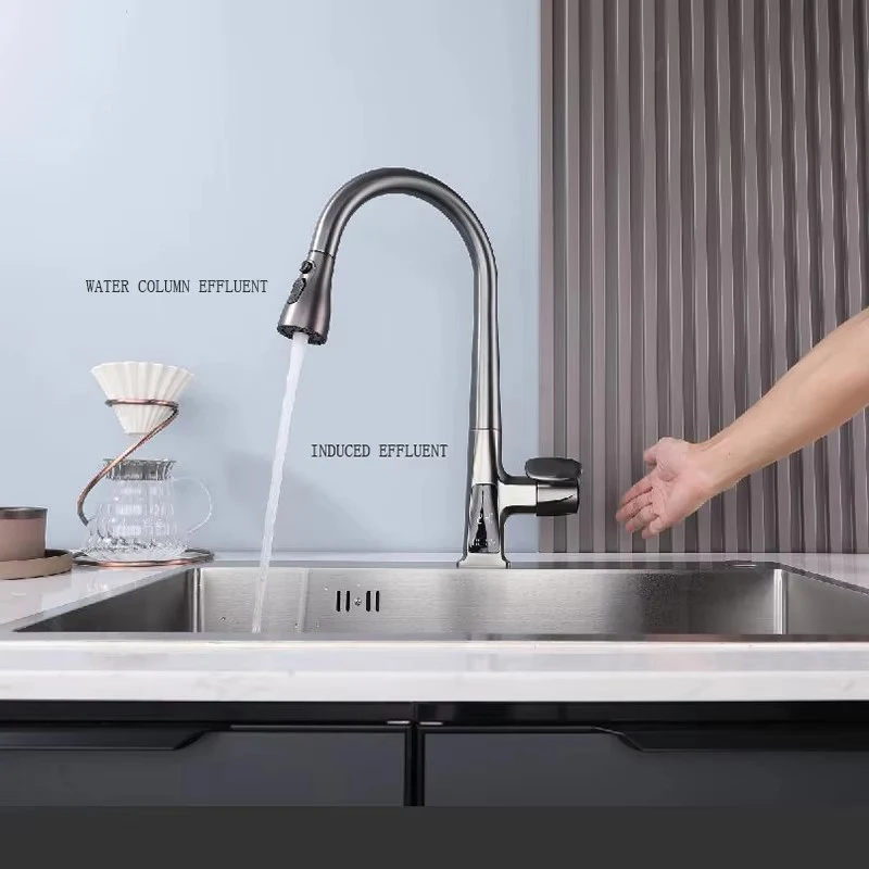 Gun Gray Induction Digital Display Pull Type Kitchen Faucet Induction Switch Hot And Cold Multifunctional Washing Basin Sink Fau