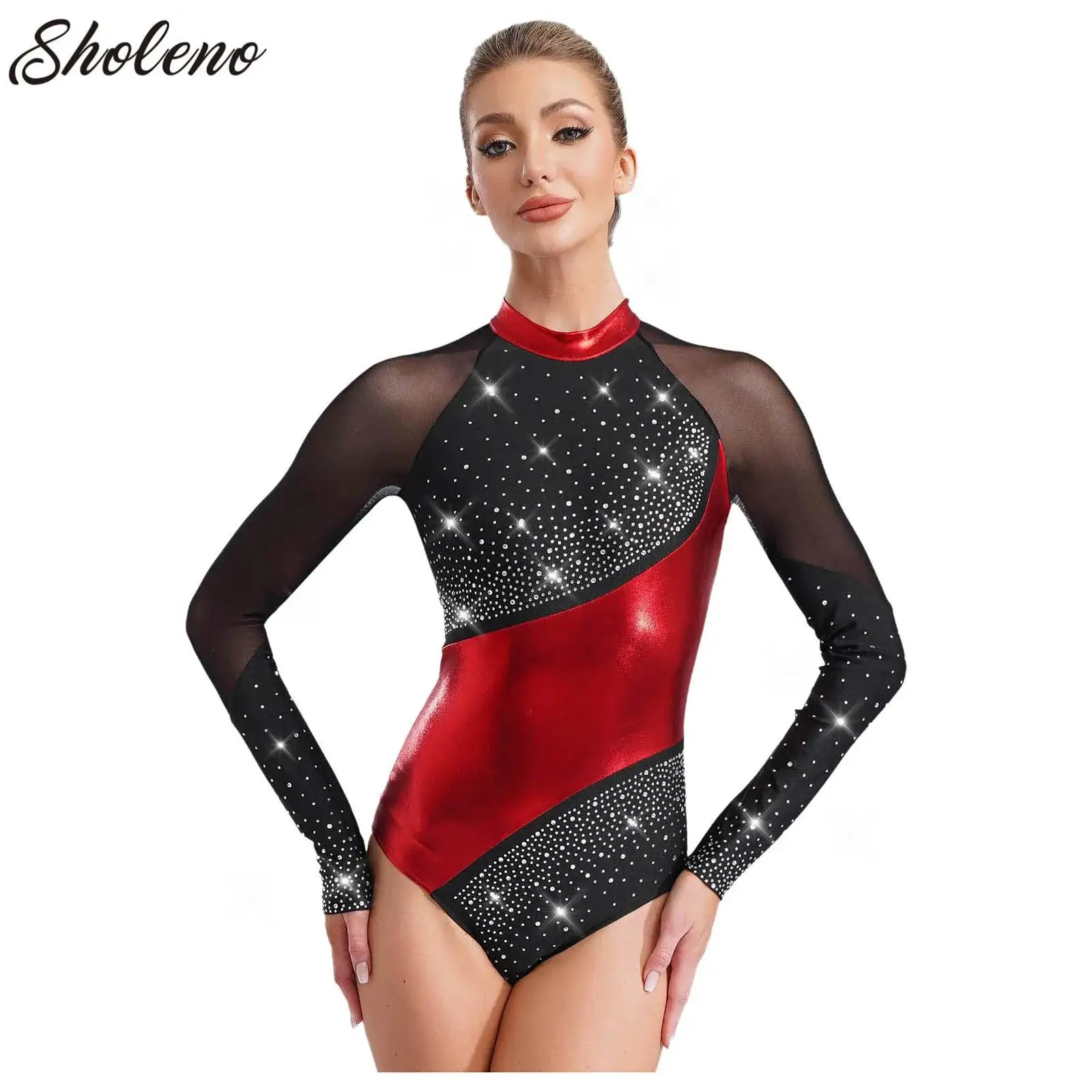 

Womens Gymnastics Jersey Acrobatics Figure Skating Bodysuit Rhinestones Ballet Lyrical Dance Dress Long Sleeve Adult Leotards