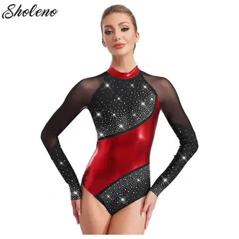 Womens Gymnastics Jersey Acrobatics Figure Skating Bodysuit Rhinestones Ballet Lyrical Dance Dress Long Sleeve Adult Leotards