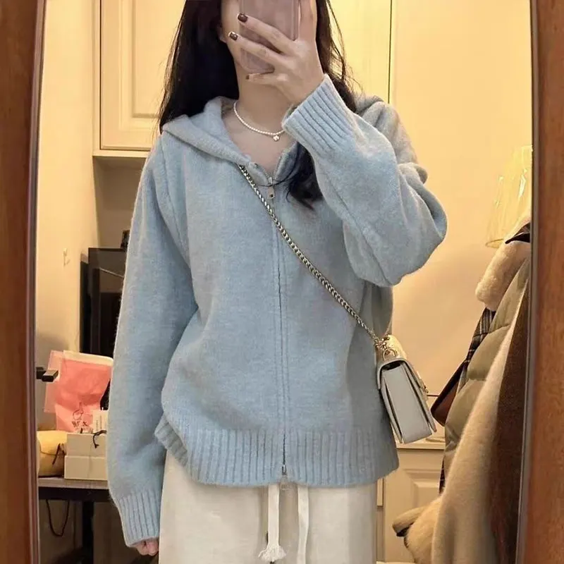 Solid Zipper V Neck Long Sleeve Cardigan Sweaters Elegant Fashion Harajuku Slim Fit Female Clothes Casual All Match Outerwear