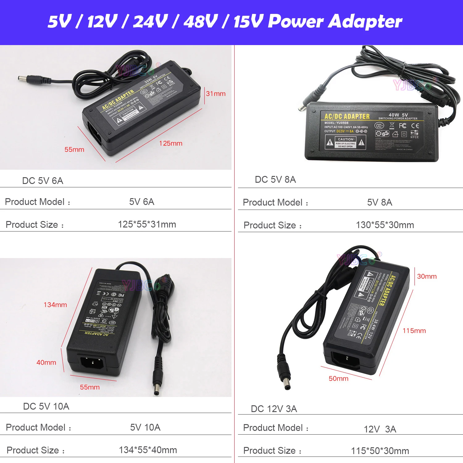 5V 12V 24V 48V 15V Power Adapter 2A 3A 5A 6A 7A 8.5A 10A Switch Transformer Security Cameras,Audio/Video,LED Strip Power Supply