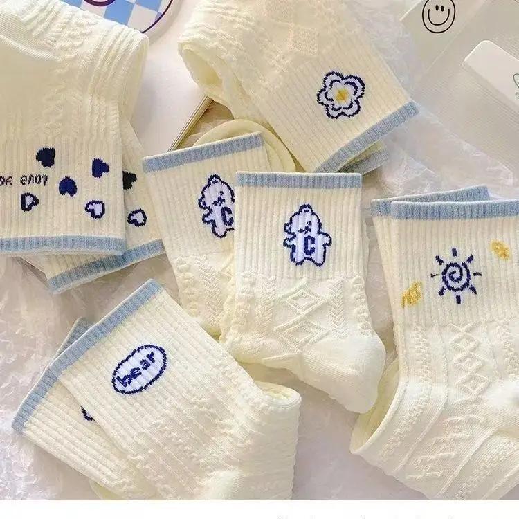 5 Pairs Women's Mid Calf Socks Polyester Jacquard Bear Love Heart Sun Blue Ribbed Crew Socks Cream White Cute Knit Socks view 5