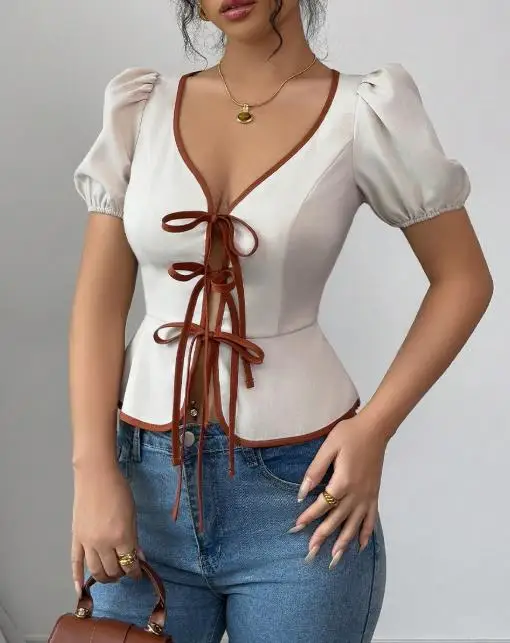 

Top Women 2025 Summer New Solid Color V-Neck Puff Sleeve Lace-Up Casual Shirt Slim Versatile Daily Short Sleeve Top
