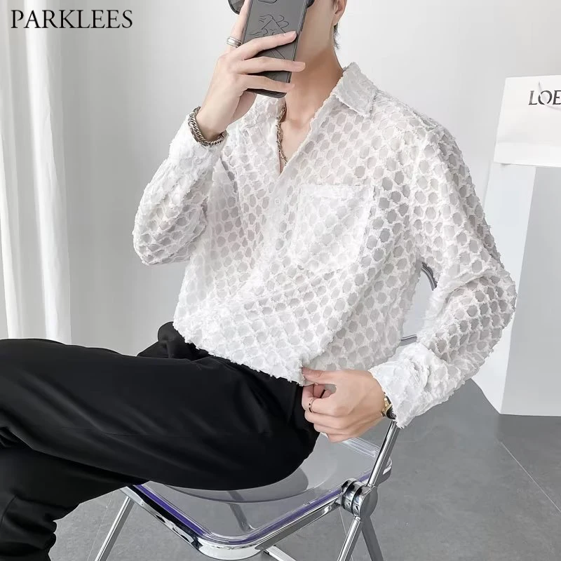 

Mens White Checked Transparent Lace Shirt Casual Loose Fit See Through Mens Dress Shirts Party Club Sheer Blouse Chemise Homme