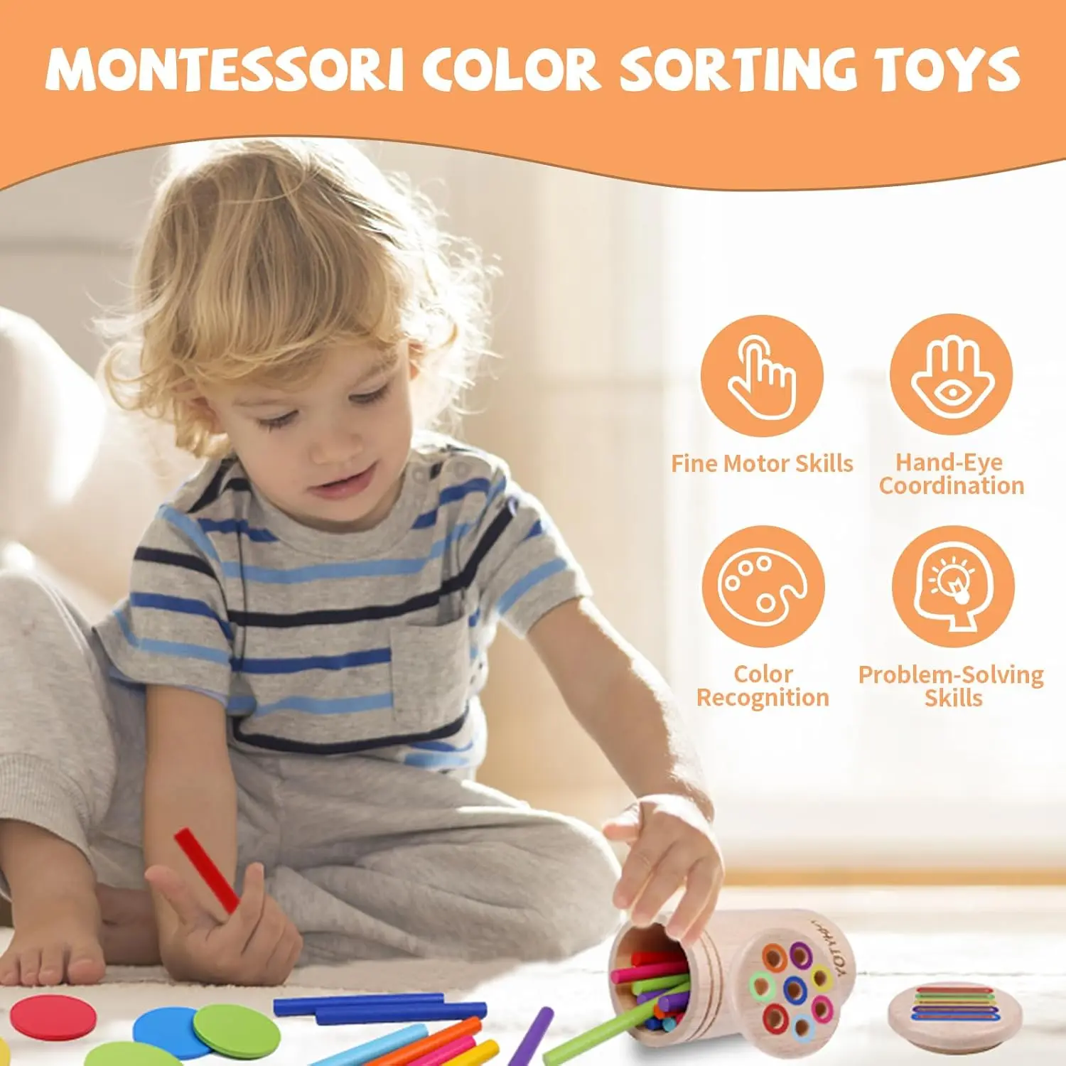 Jouets Montessori pour enfants de 3 ans, double jeu, jouet éducatif en bois de tri des couleurs, activités d'apprentissage préscolaires pour tout-petits, motricité Fine