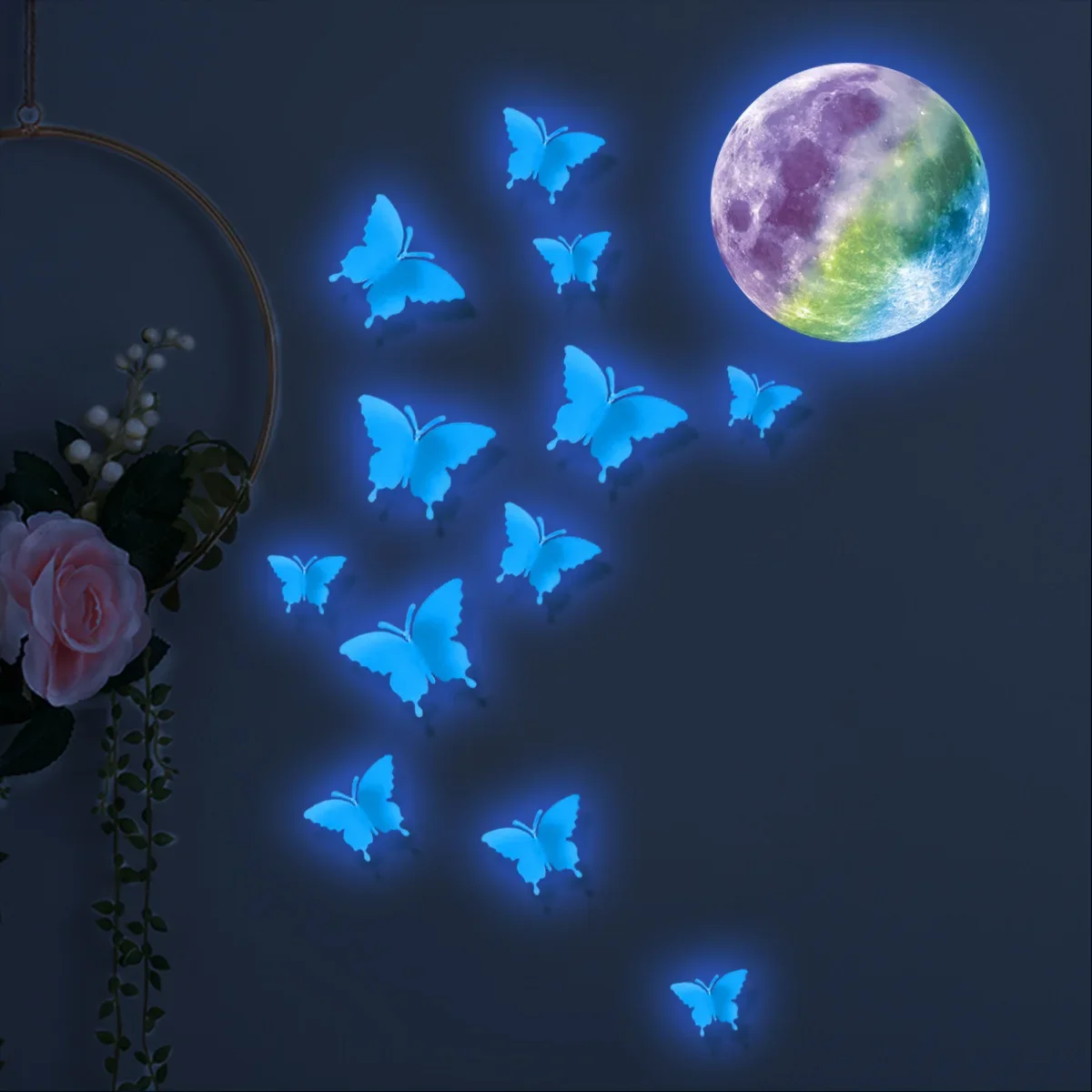 

Blue Light Rainbow Moon Luminous Butterfly Wall Stickers Luminous Stickers Living Room Self Adhesive Decorative Wall Stickers