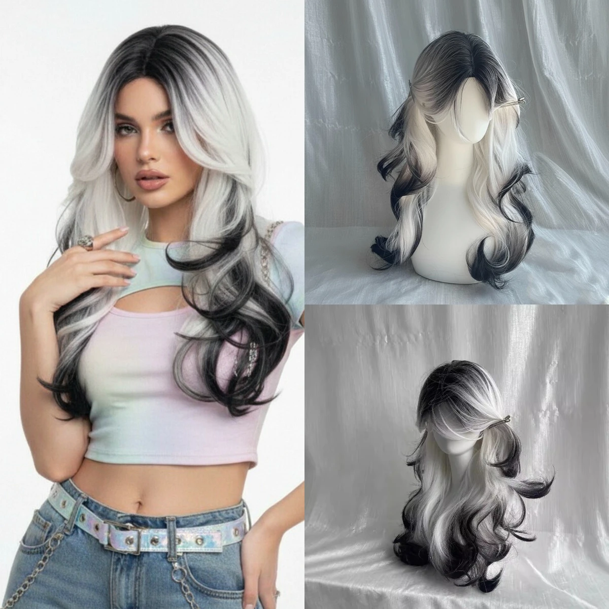 

Women Synthetic Long Wavy Fluffy Wig White Black Ombre Lolita Cosplay Wig Heat Resistant Wig For Daily Party