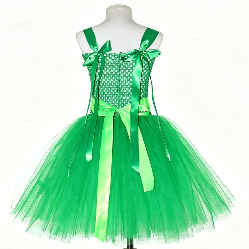 Girls' Green Cartoon Character Costume Set, Exquisite Tulle Fluffy Tutu Dress Outfit, Kids Halloween Party Performance Costume