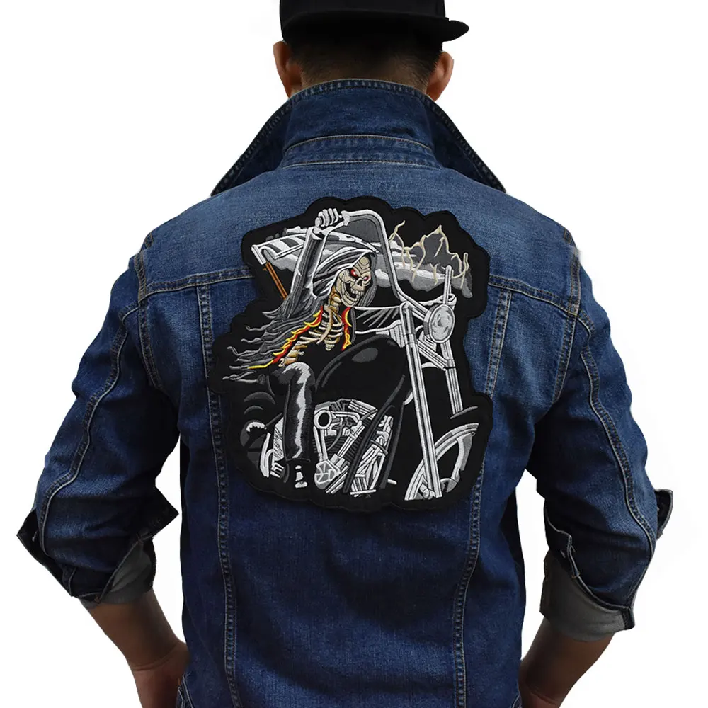 Toppa per motociclista con teschio toppe ricamate grandi per abbigliamento toppe Punk su vestiti cucire/stirare su toppe per giacche Back Big Patch