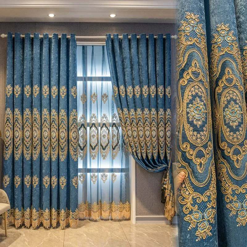 

Великолепная толстая вышивка из синели на заказ для гостиной, спальни, синяя затемняющая занавеска, тюлевая драпировка C2178