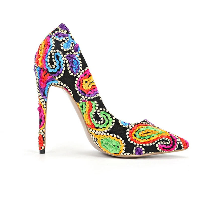 Sexy Lady Colorful Woollen Yarn Flower Embroidery High Heels Shoes Woman Multi-color Floral Pumps Party Dress Shoes
