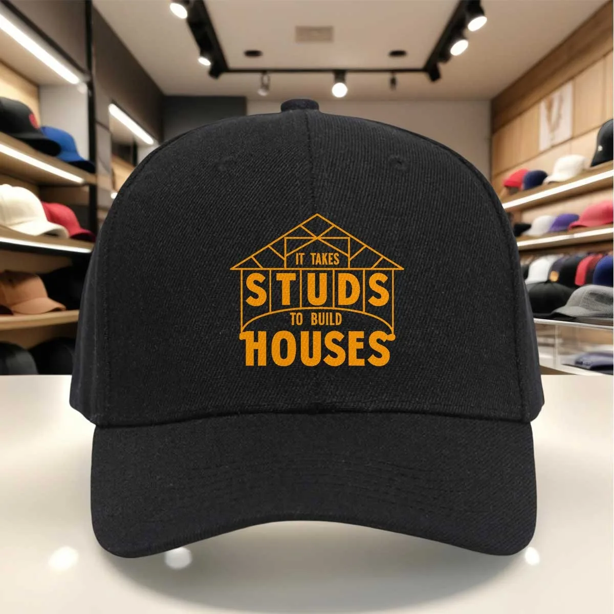 Adjustable Baseball Cap with Studs to Build Houses Logo & Orange Stitching Print, Tape Closure Dad Hat Suitable for Earth Day, T