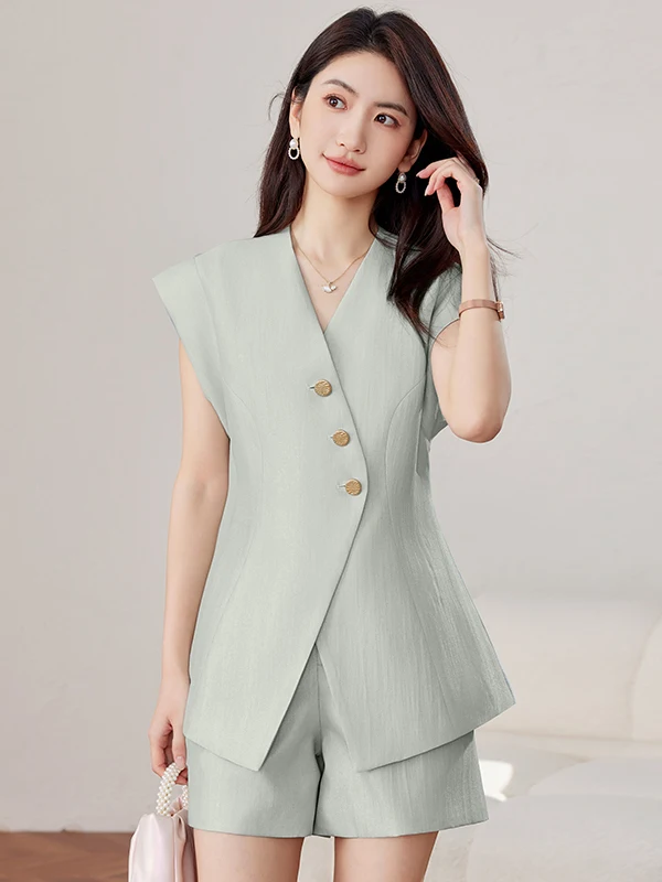 Elegant Summer Sleeveless Suit Jacket Women's Fashion Set High Quality Short Size Luxury Dress Casual Style V-Neck Button up
