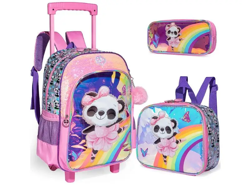 Kids School Roller Bag  Sequin 3 pcs School Rolling Backpack for Girls Travel Luggage Handbag Rolling Luggage Suitcase For Girls