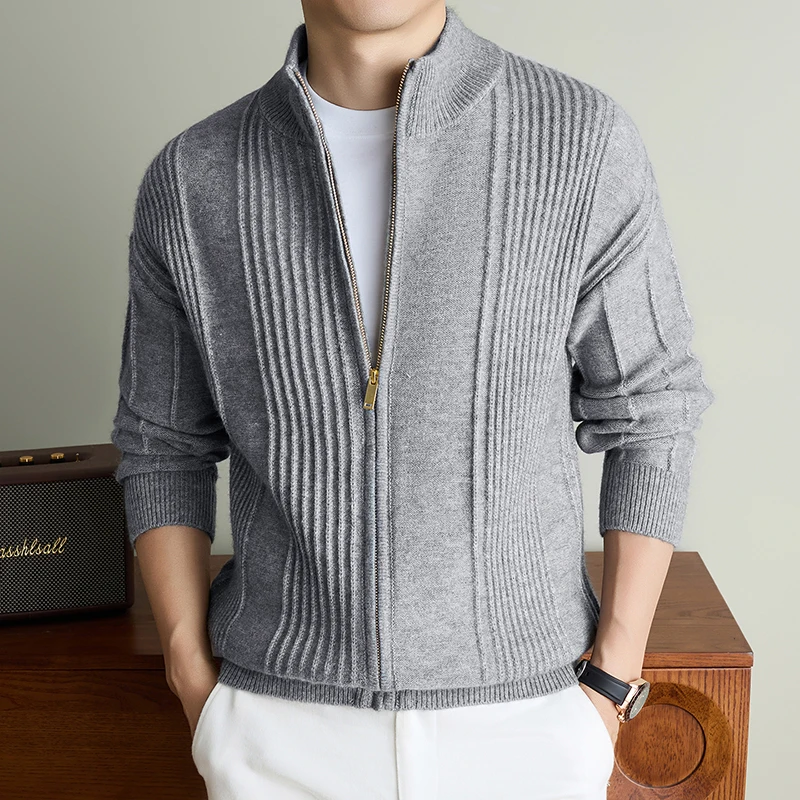 Luxury men's knitted stand collar cardigan solid color stripes autumn winter comfort fashion new zipper sweater coat casual top