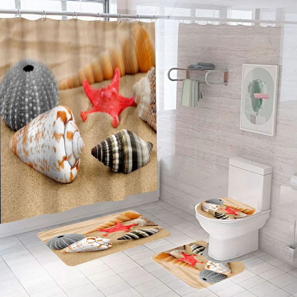 Beach Shower Curtain Set for Bathroom Decor, Seashell, Starfish, Nautical Fishnet, Vintage Blue Deck, Bath Mats, Toilet Rug