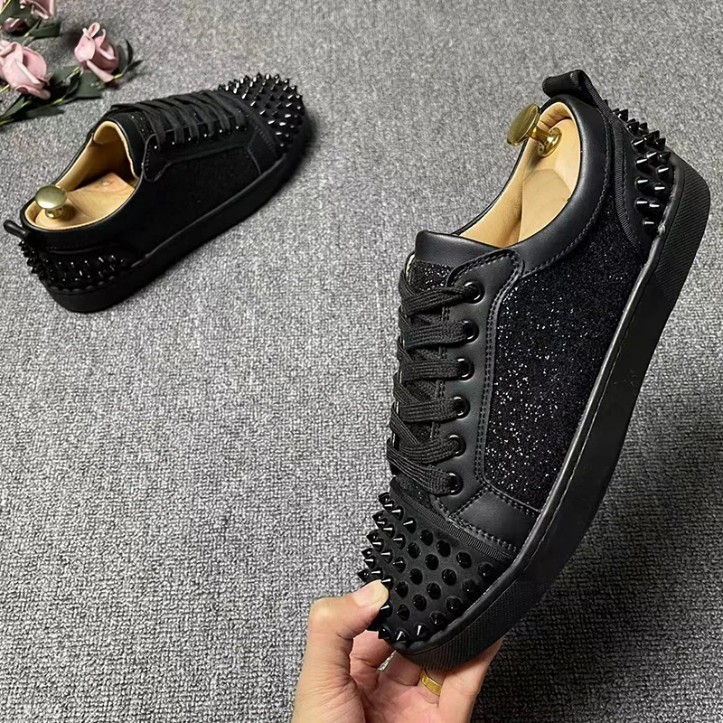 men's fashion punk hip hop dress rivets shoes lace up flats shoe black stylish original leather sneakers breathable footwear man