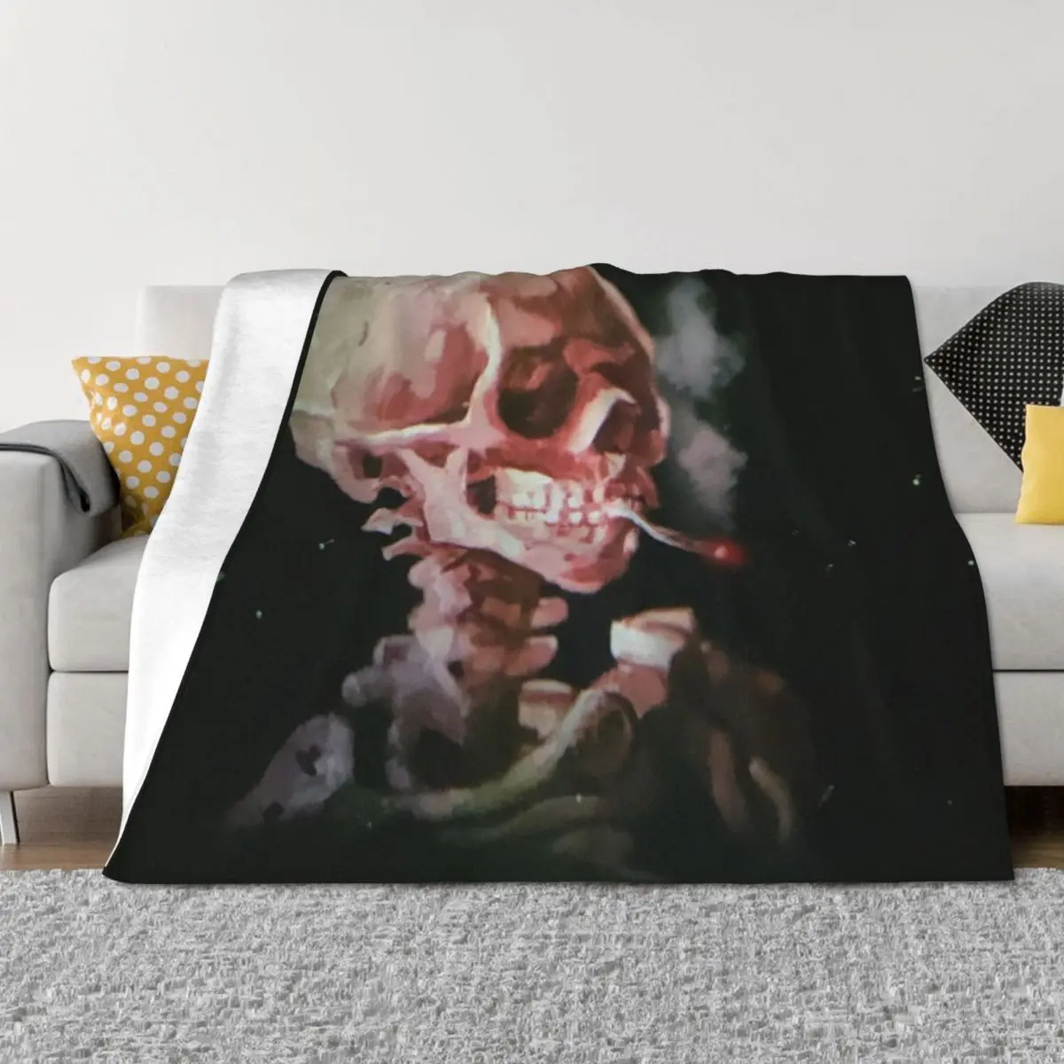 

Skull of a Skeleton with Burning Cigarette Throw Blanket Cute anime Extra Large Throw Bed covers Blankets