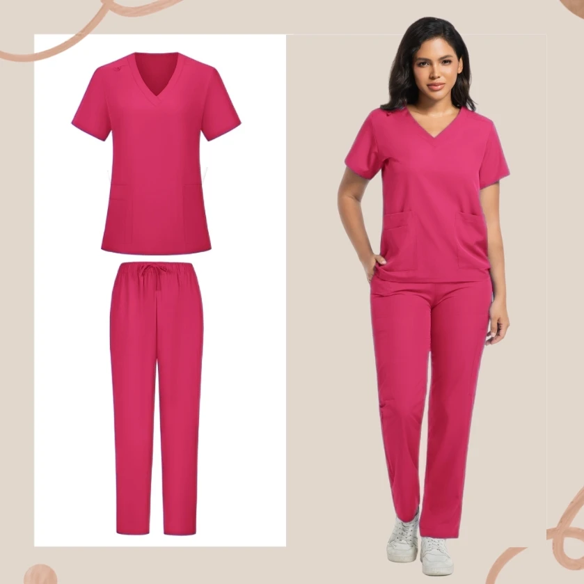 도매 간호 패션 V 넥 탑 바지 세트 병원 의료 스크럽 수술복 여성 멀티 컬러 스트레이트 세트 스크럽