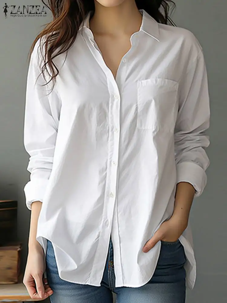 

ZANZEA Korean Work Solid Shirt Women Fashion Pockets Long Sleeve Blouse 2024 Single Breast Tunics Casual Loose Office Lady Tops