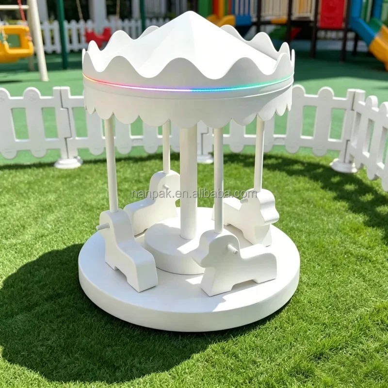White Kids Soft Play Carousel with Canopy Light Rotating Animal Ride Merry Go Round Indoor Equipment for Mall Play Cafe Party