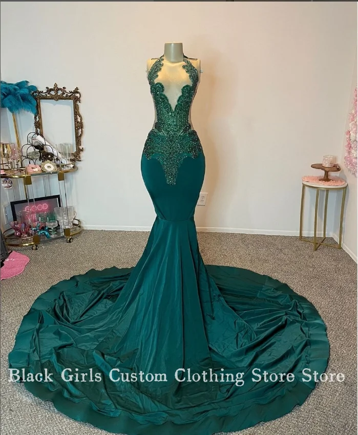 Elegant Emerald Green Prom Party Dress 2024 For Women Sparkling Crystal Beaded Applique Formal Occasion Customised Long Dresses