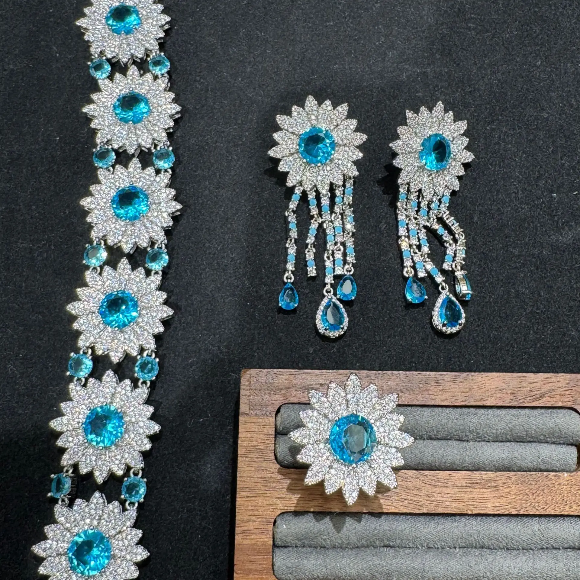 luxury cubic zirconia bracelet earrings and ring for women shiny sweet jewelry set multicolor yellow blue pink flower jewelry