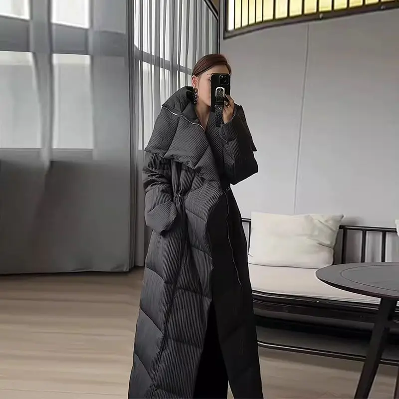 Long Warm White Duck Down Jacket Women Winter Arrival Turn Down Collar Drawstring Striped Material Thick Knee Length Down Jacket