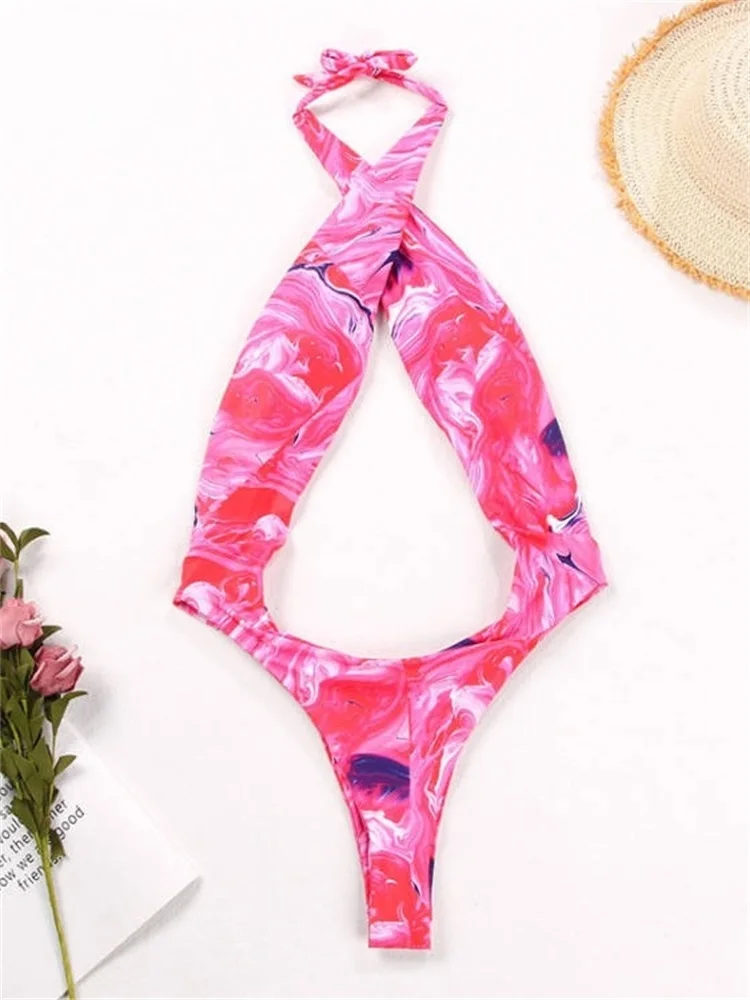 ملابس سباحة نسائية بطبعة مييوج ، ملابس سباحة قطعة واحدة ، مونوكيني مثير ، بدلة سباحة مفرغة ، ملابس سباحة ثونغ ، ملابس شاطئ