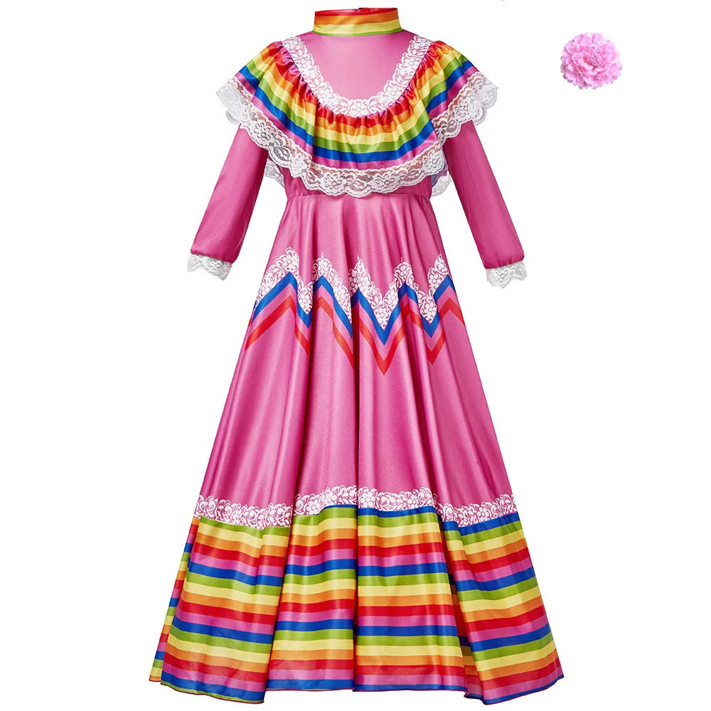 Girls Mexican Traditional Folk Dancer Dress Colorful Stripe Dress with Flower Hair Clip Festival Dance Stage Performance Costume