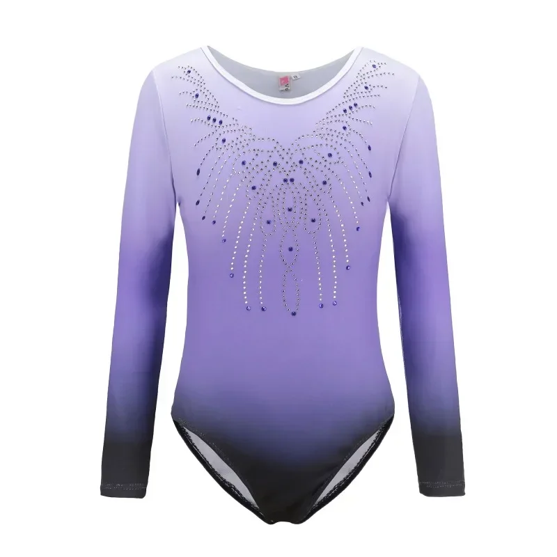 Girls Long Sleeve Diamonds Ballet Leotard Highlights Gradient Color Body Suit Gymnastics Dance Practice Bodysuit