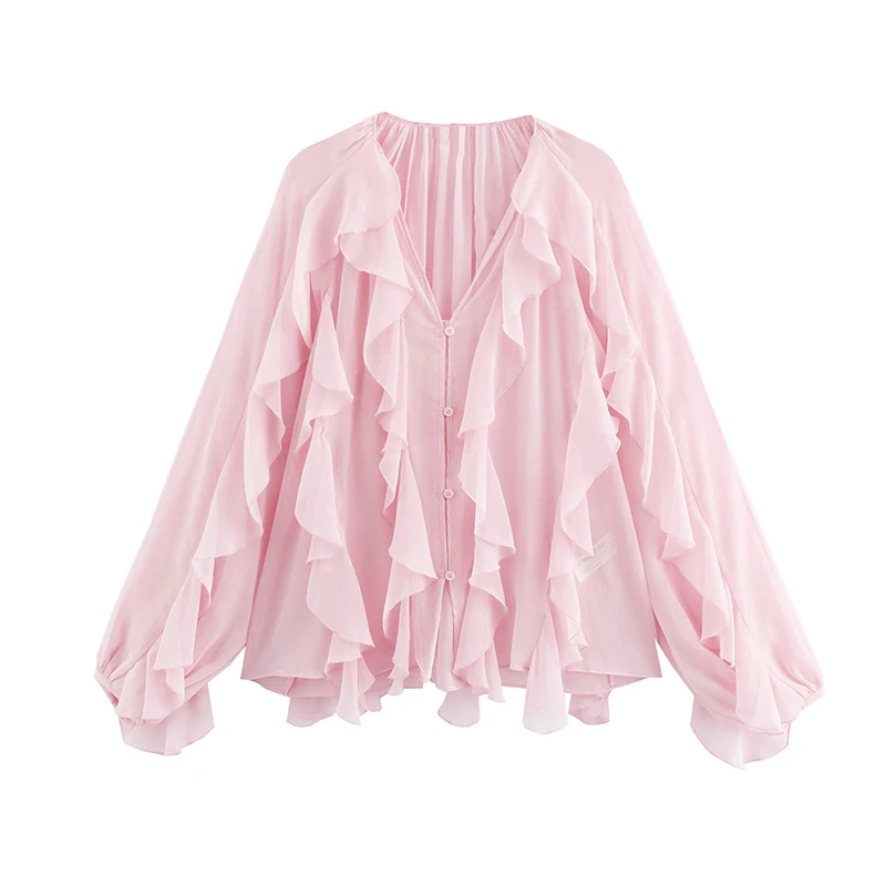 

Spring 2025 Women Front Button Long Sleeve V Neck Ruffle Shirt Vintage Solid Sexy Semi-Sheer Blouse Streetwear Summer Top
